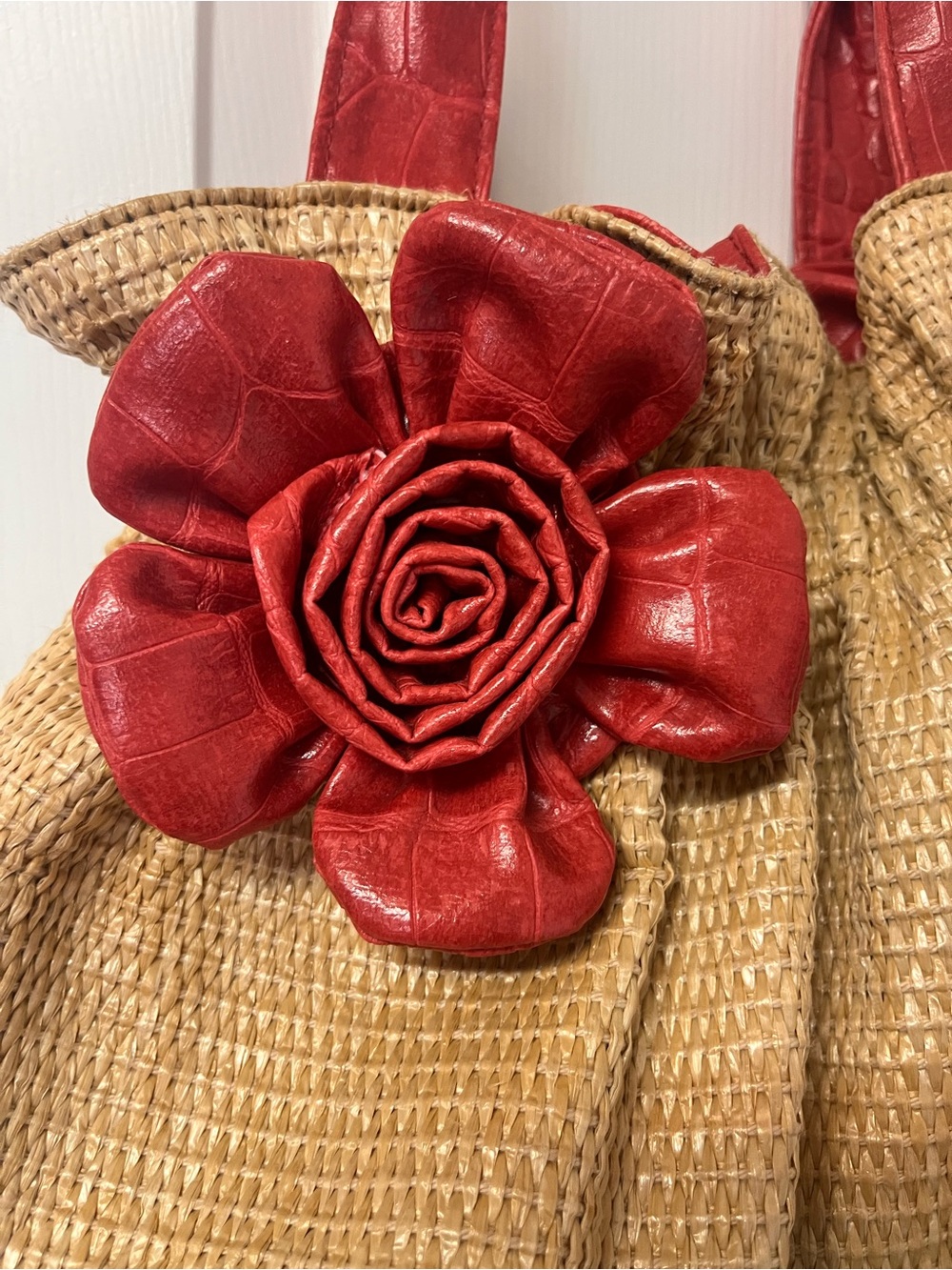Y2K Bueno Red Floral Accent Straw Hobo Bag EUC